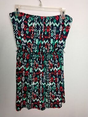 Trixxi Junior's Strapless Navy Aztec Print lightweight Casual Mini Dress Large